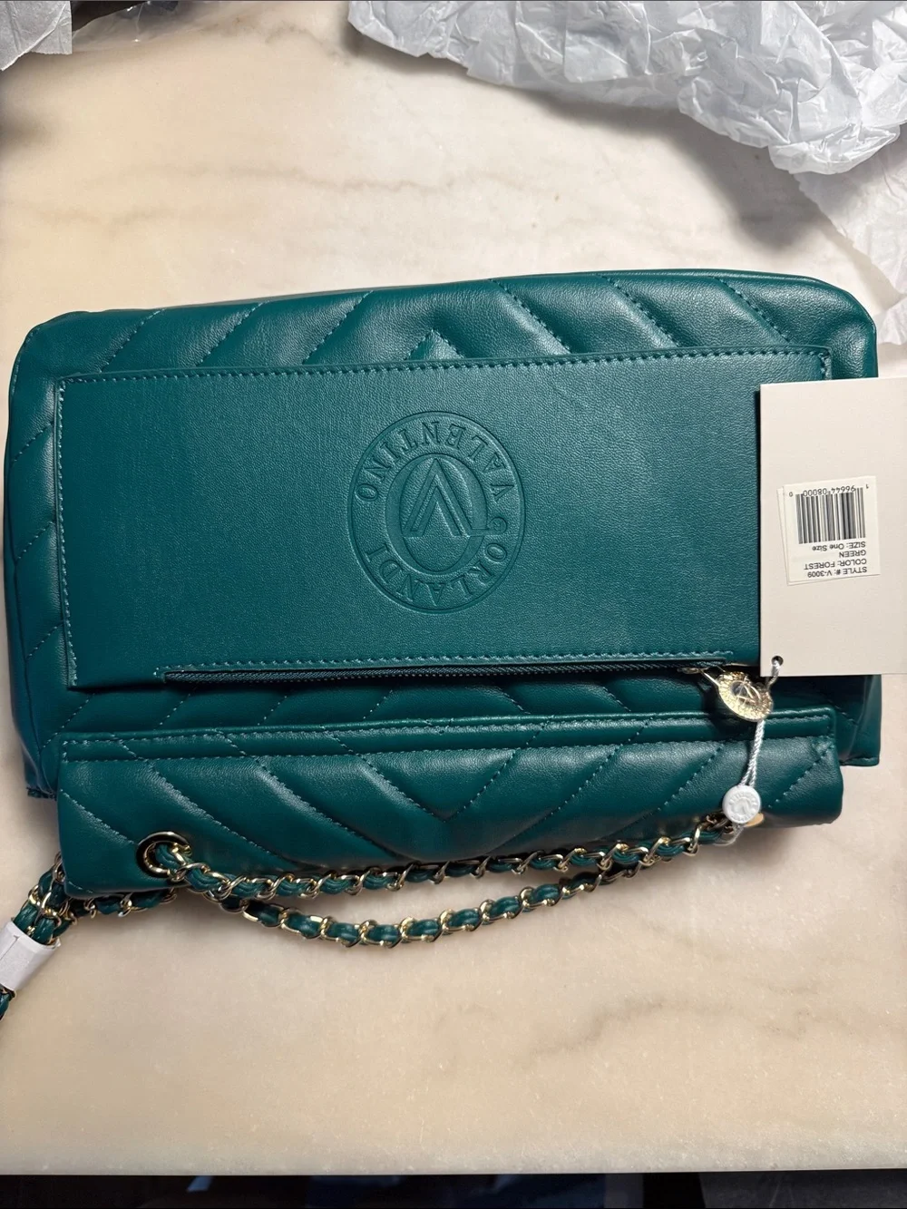 Valentino Orlandi Teal Quilted Chain Shoulder Bag with Gold Hardware